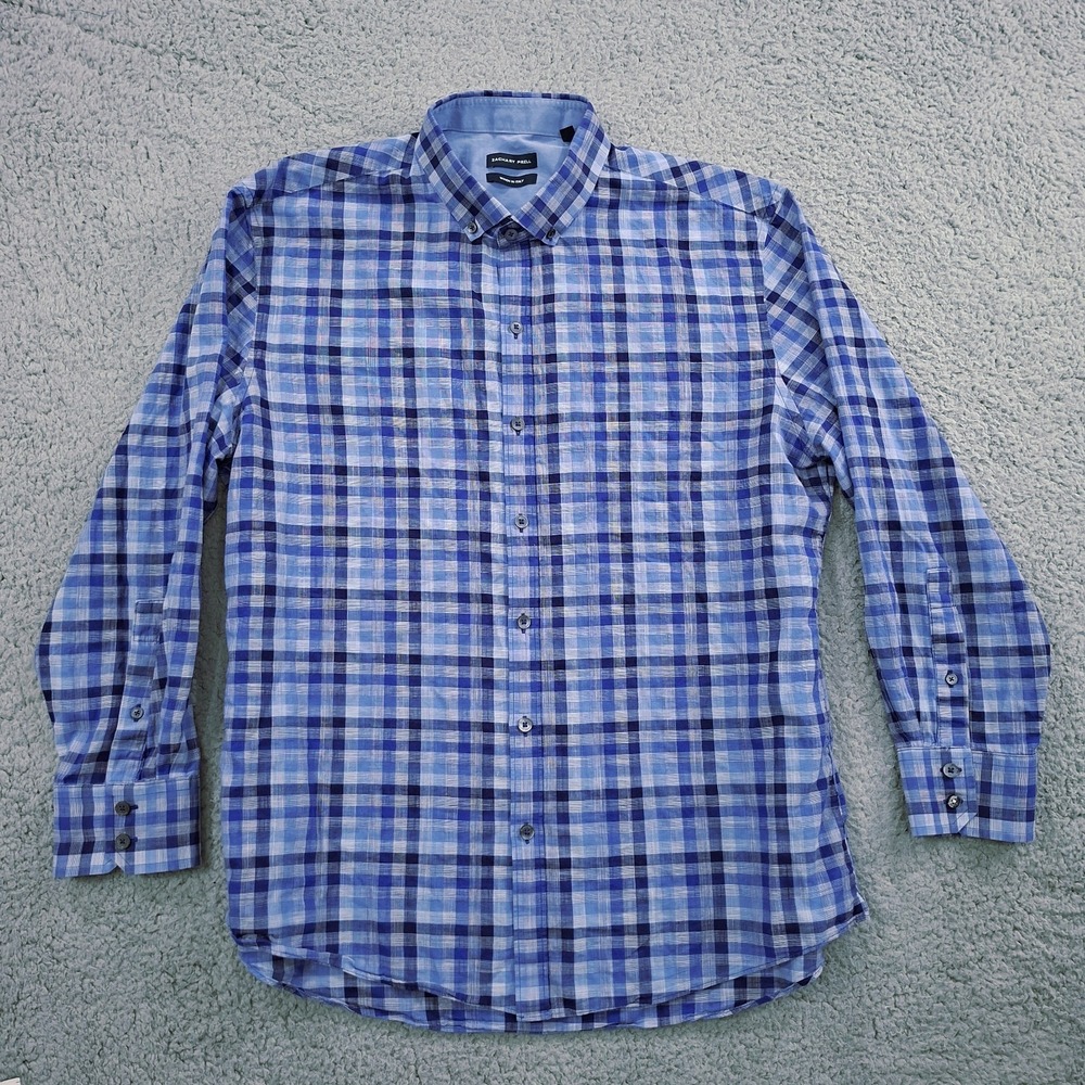 EUC Zachary Prell Men's L Italian Cotton Button Up Shirt Long Sleeve Blue Plaid